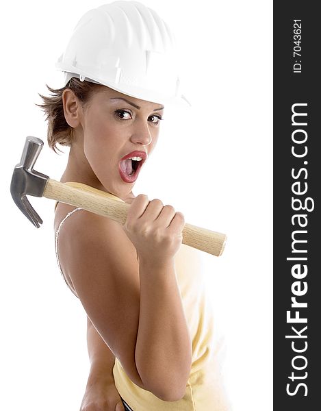 Architect with hammer against white background