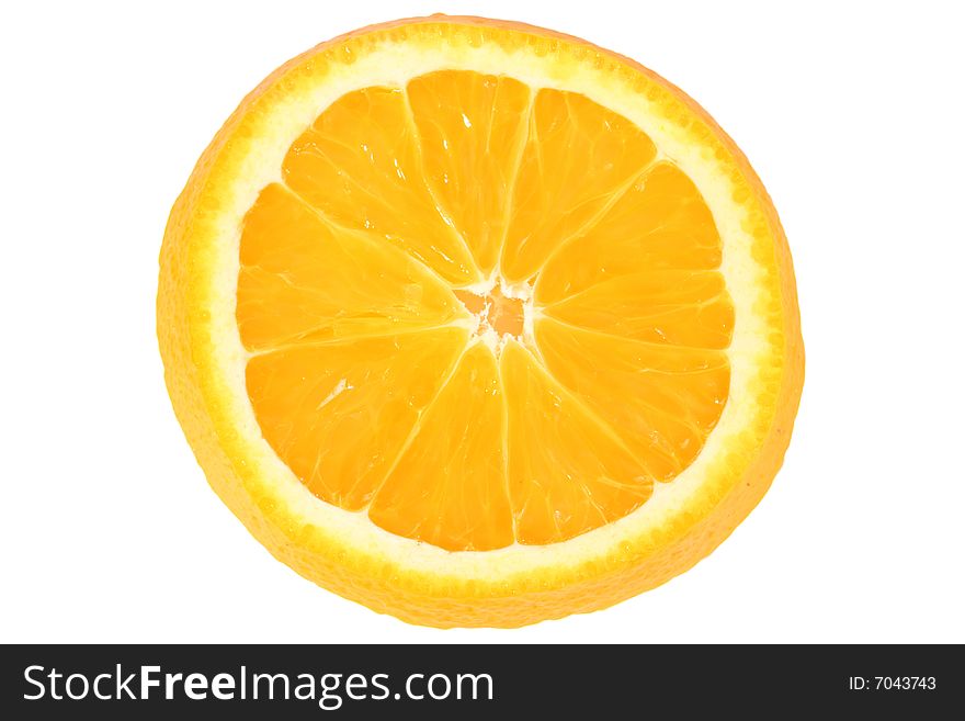 Slice of orange on white background taken by macro