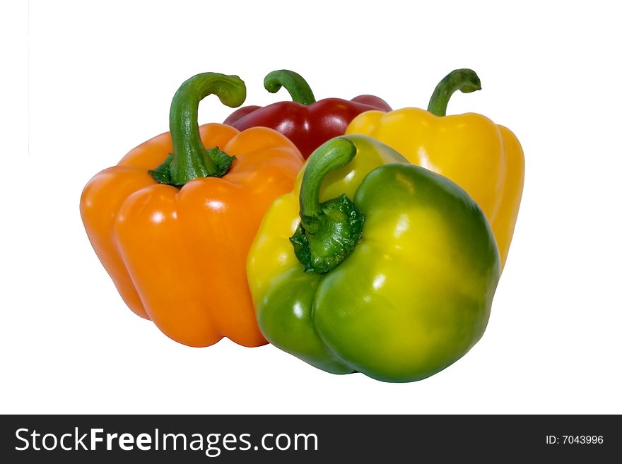 Image of an orange, yellow and red pepper isolated on a white background. Image of an orange, yellow and red pepper isolated on a white background