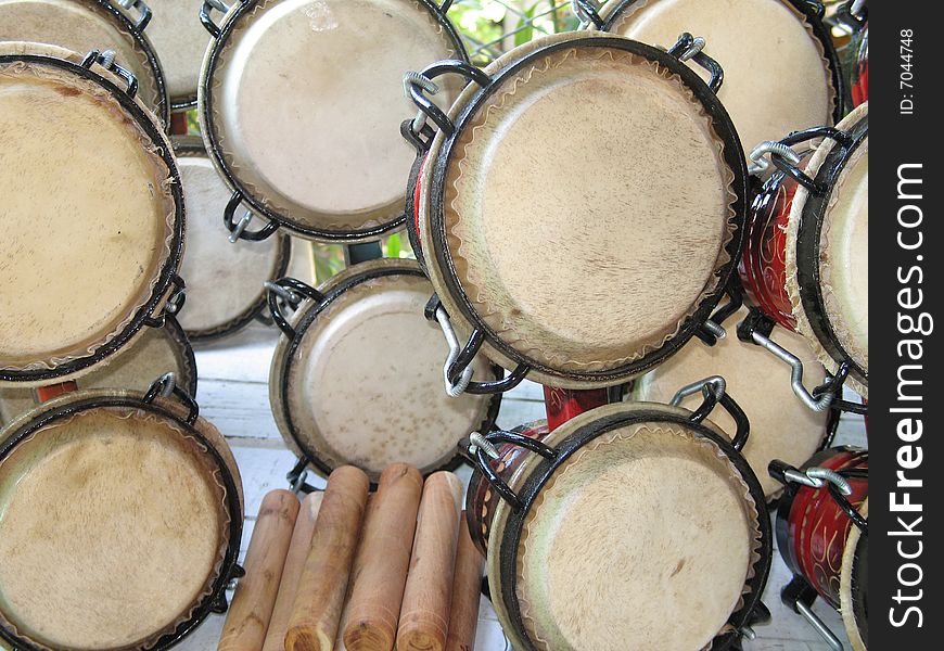 A large  display of hand made drums