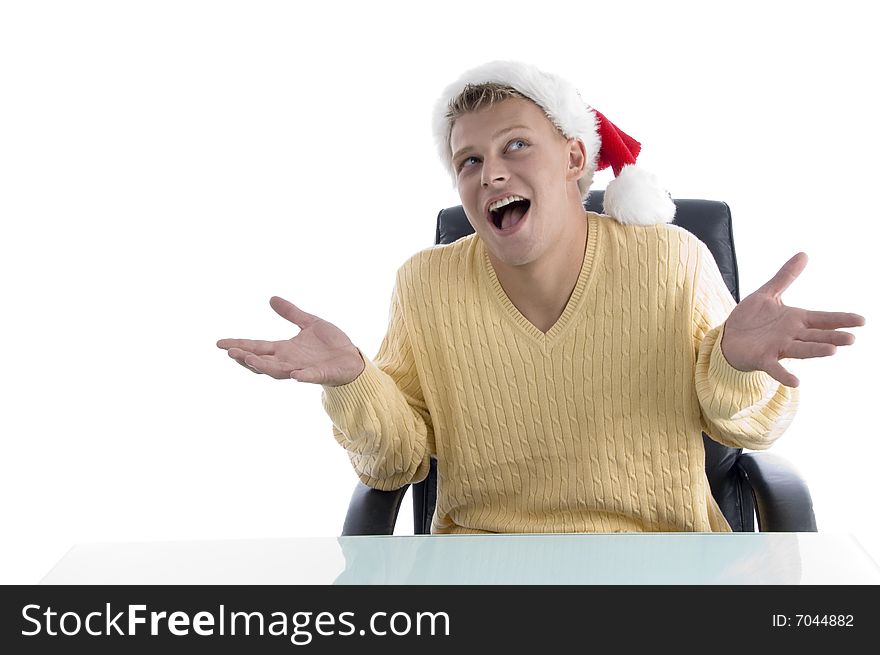 Careless male wearing christmas hat on an isolated white background