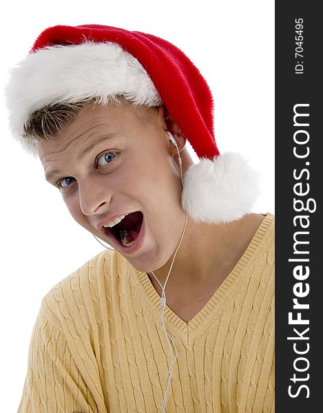 Cool man with christmas hat and canal phone on an isolated background