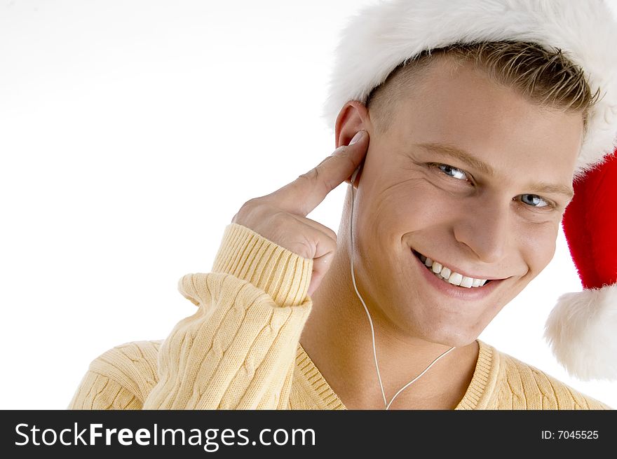 Smiling man with canal phones with white background