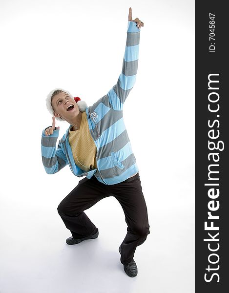 Bending man with christmas hat against white background