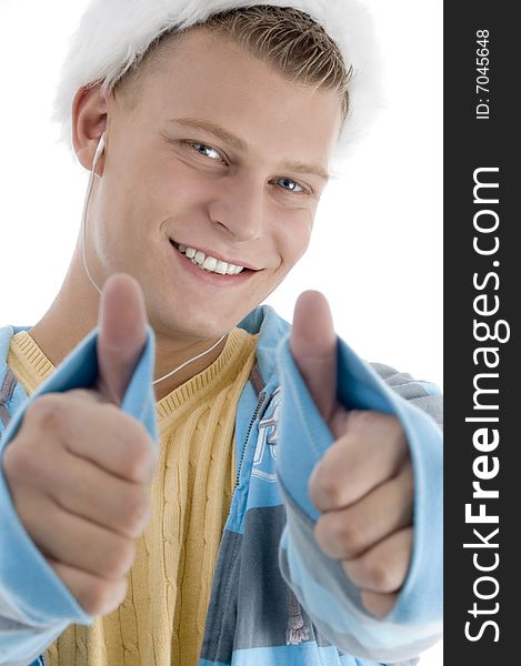 Pleased man wishing goodluck on an isolated white background