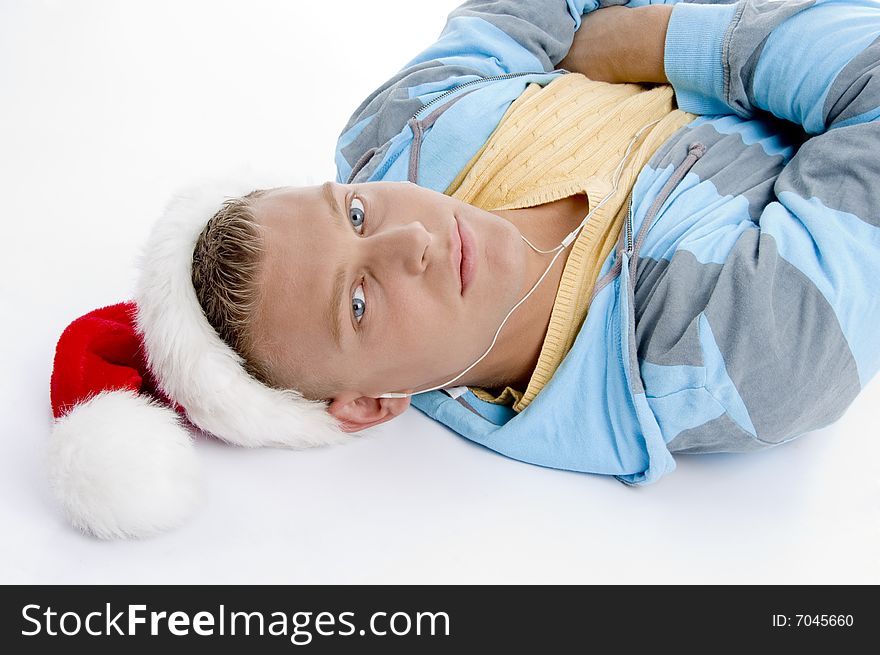 High angle view of man with christmas hat