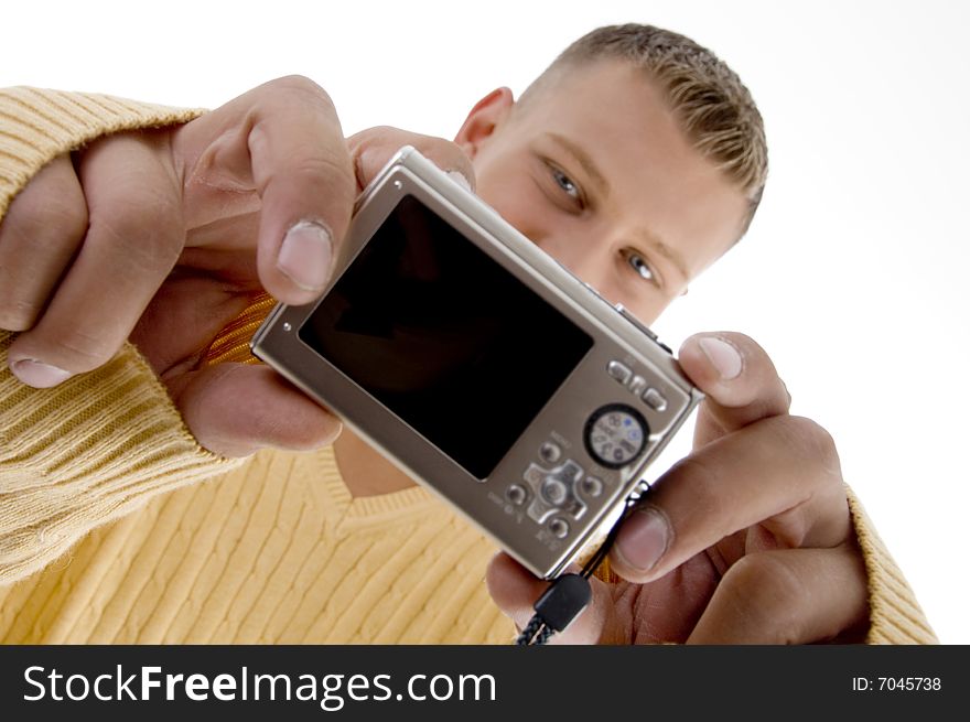 Male showing digital camera on an isolated white background