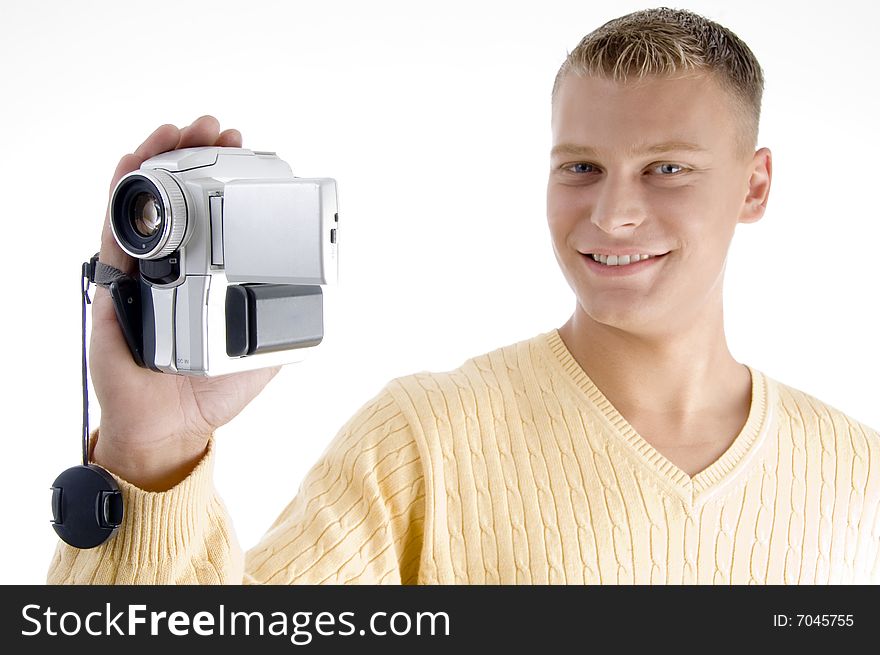 Portrait of blond man with handy cam on an isolated white background. Portrait of blond man with handy cam on an isolated white background