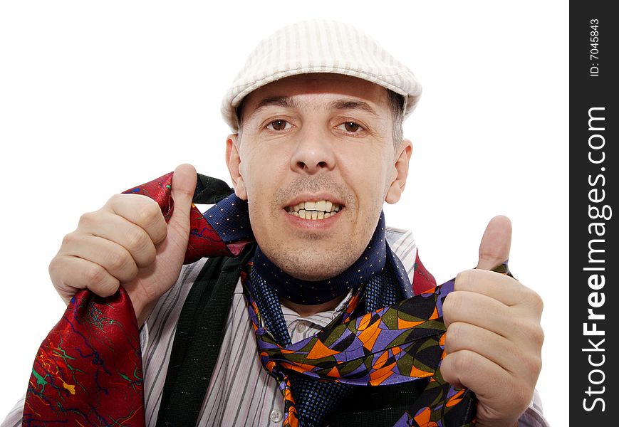 Joyful the man with a tie on a white background