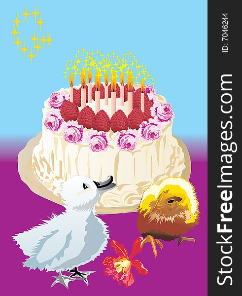 Illustration with cake, candles, chicken and duckling. Illustration with cake, candles, chicken and duckling