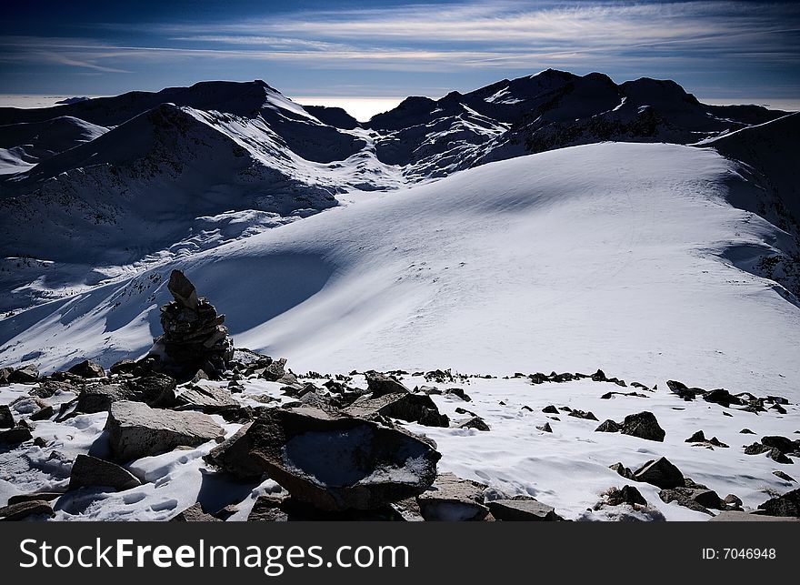 Winter mountains in the dusk, Bulgaria