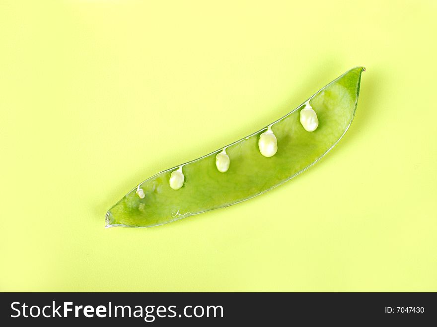 Peas in pod on yellow background