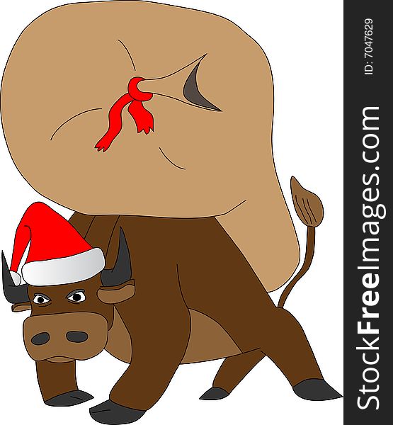 The bull bears the big bag with gifts on a back. The bull bears the big bag with gifts on a back