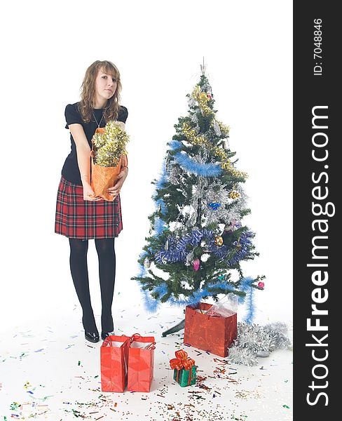 The young attractive girl with gifts isolated on a white background