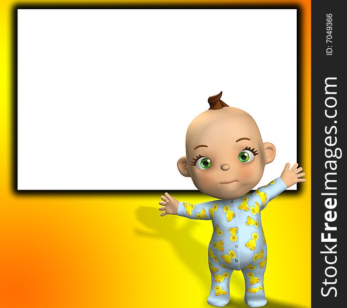 A tiny baby that is waving, standing in front of a blank customisable sign. A tiny baby that is waving, standing in front of a blank customisable sign.