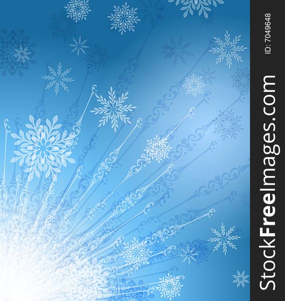 A backgrounds featuring snowflake patterns and designs radiating from the corner in light blue and white colours. A backgrounds featuring snowflake patterns and designs radiating from the corner in light blue and white colours