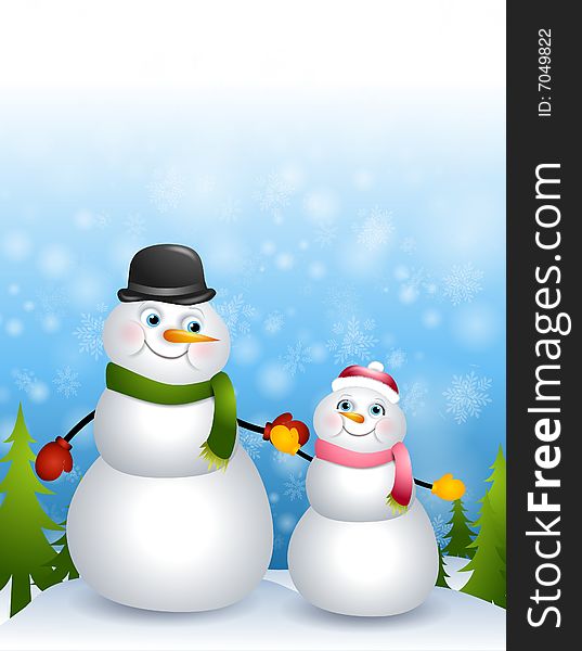 A clip art illustration featuring a father and daughter snowman theme - holding hands in the snow and looking at each other with love and caring. A clip art illustration featuring a father and daughter snowman theme - holding hands in the snow and looking at each other with love and caring