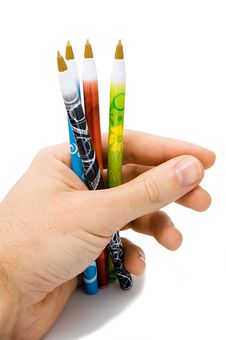 Set Of Four Ballpoints In Hand Stock Photo Set Of Four Ballpoints In Hand Stock Photo