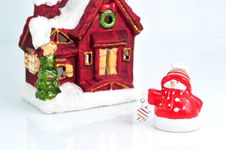 Funny Little Snowman With Small House In The Back Stock Photos Funny Little Snowman With Small House In The Back Stock Photos