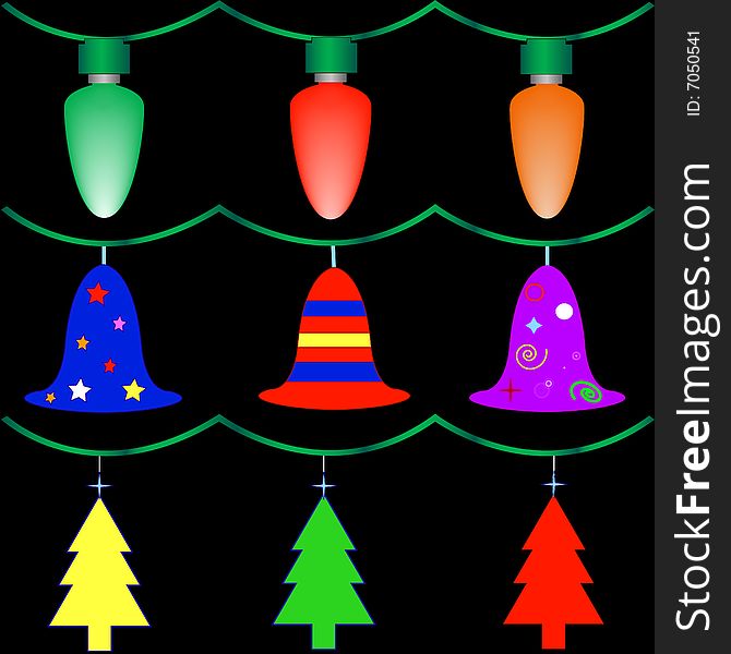 A set of Christmas decorations on a black background
