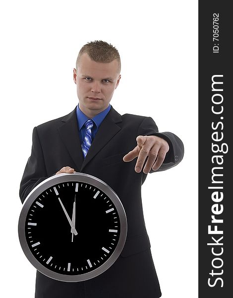 Young dealer in o'clock indicant finger against a white background