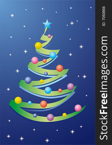 An abstract christmas tree on a blue sky and stars as background, vector