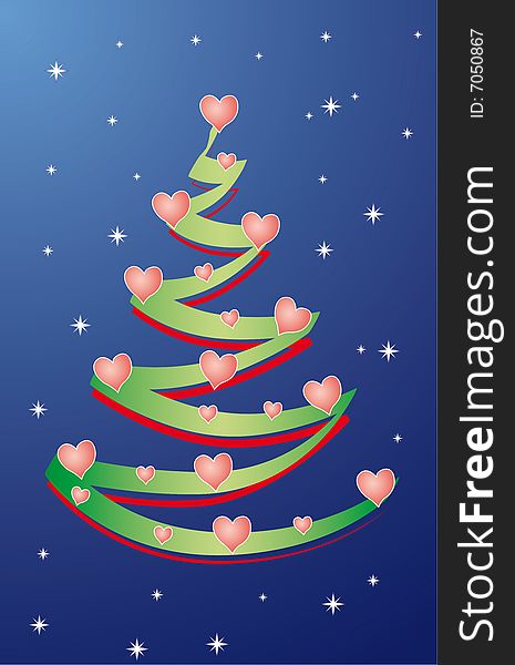 An abstract christmas tree decorated with hearts, on a blue sky and stars as background, vector