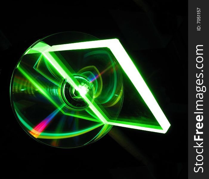 Transparent glass plate on a CD under a green laser beam