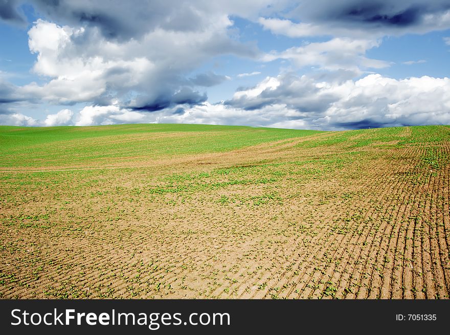 Empty agricultural field under cloudy sky
