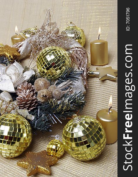 Golden details with candles and sphere like decoration for christmas and new year's. Golden details with candles and sphere like decoration for christmas and new year's