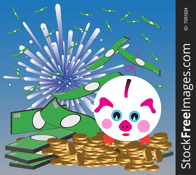 Abstract colorful illustration with white piggy bank, golden coins, green banknotes and fireworks exploding in the background. Banking concept