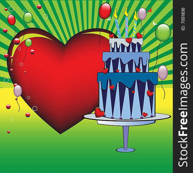 Background with blue colored party cake, huge red heart and colorful balloons