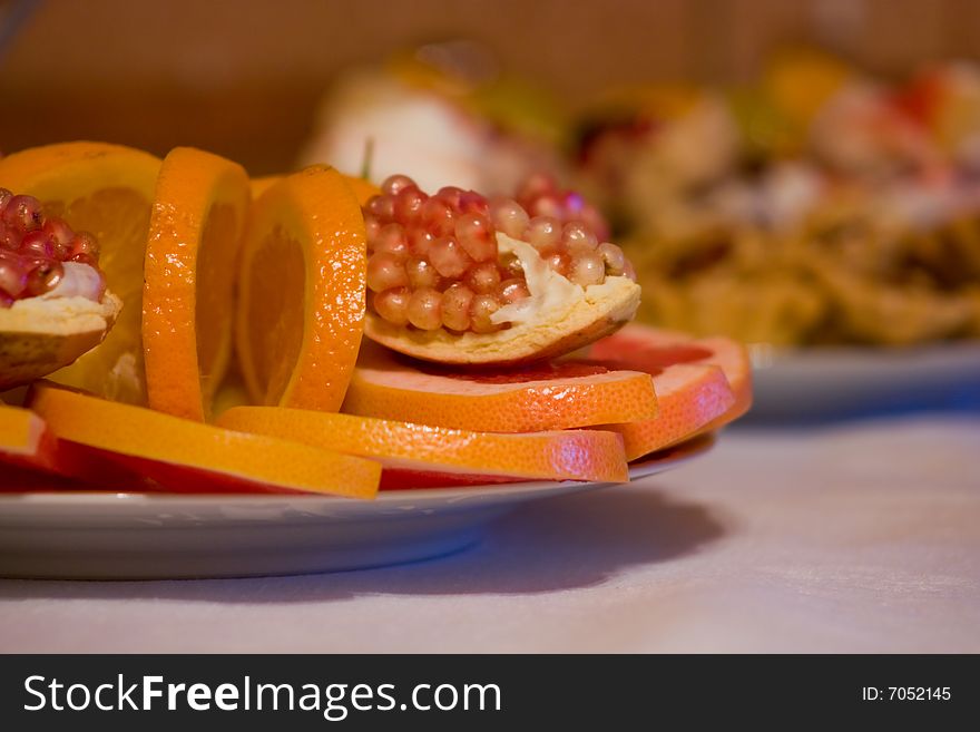 Closeup dessert with fruits on romantic dinner