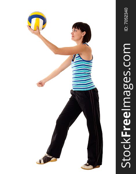 Young woman with volleyball isolated on white background.