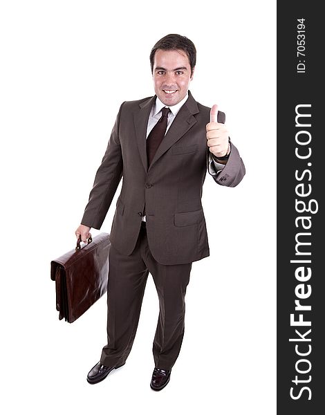 Businessman with his thumb up and with brown classic case. Isolated on white. Businessman with his thumb up and with brown classic case. Isolated on white