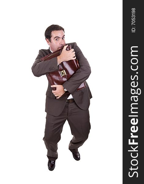 Businessman latching onto classic brown briefcase. Businessman latching onto classic brown briefcase