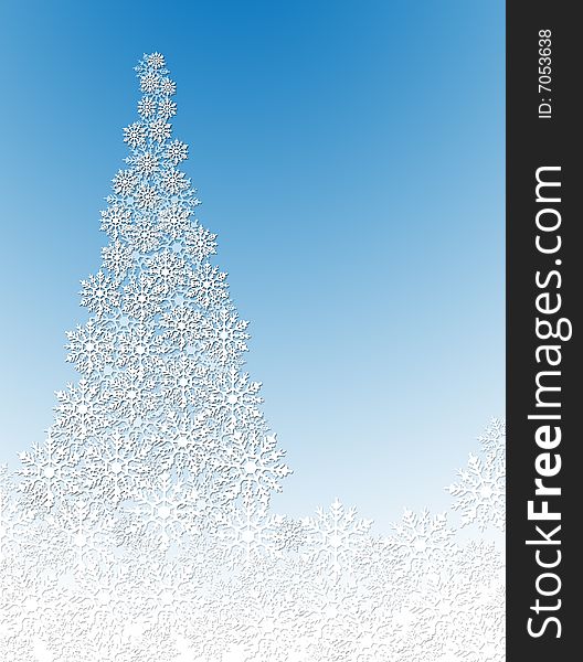 Christmas tree illustration in blue and white.