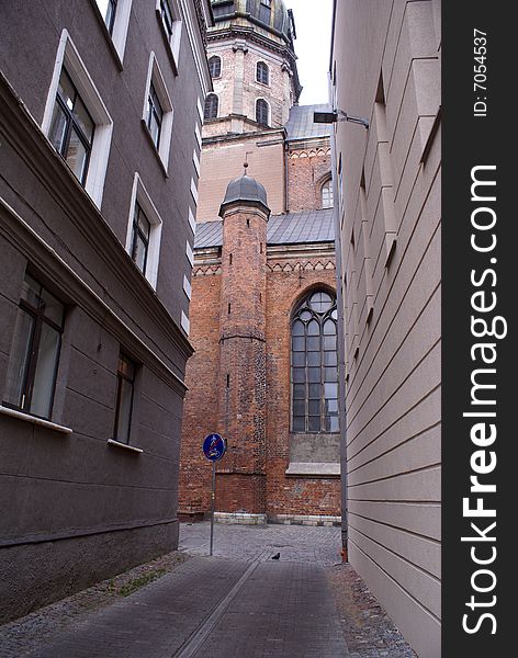 Narrow street in the ceter of Riga, Latvia