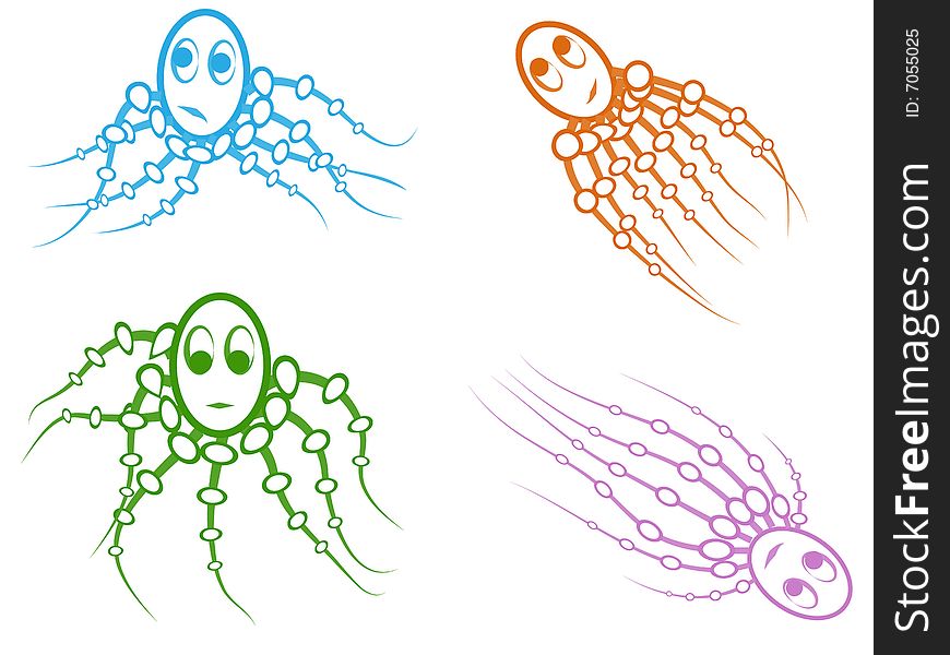 Blue, orange, blue and green illustrated octopus.