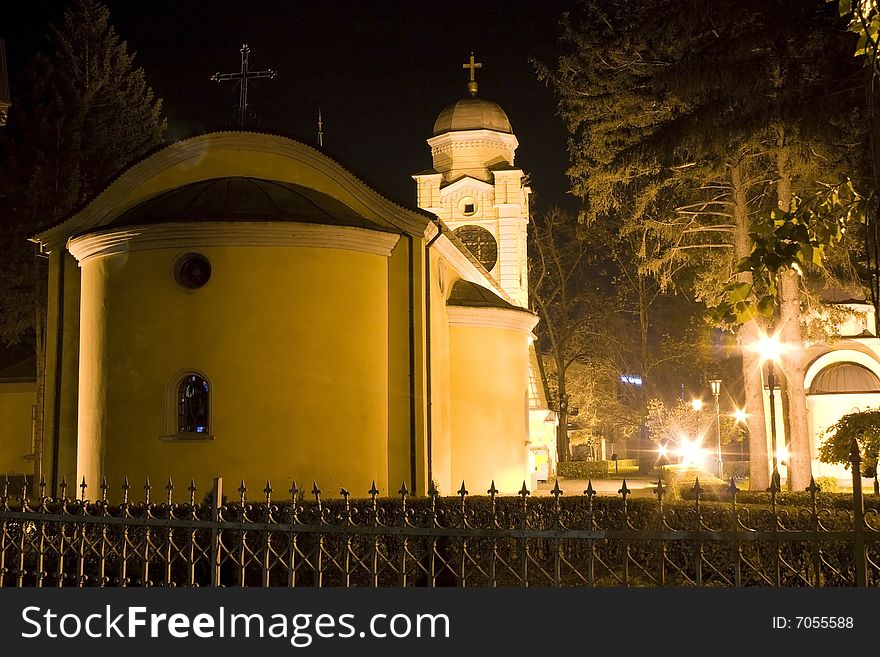 Night scene of old orthodox church, Kragujevac, Serbia