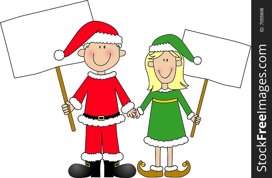 Boy And Girl Dressed For Christmas Holding Signs