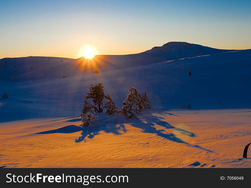 Sunset in mountain, winter, Crimea