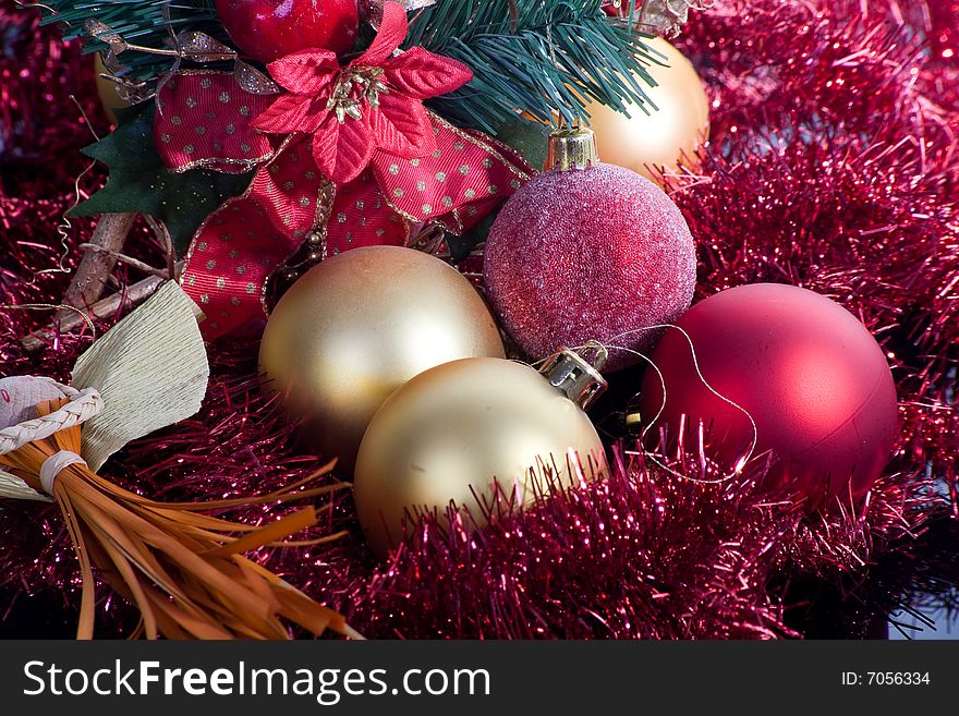 Red ball Christmas decoration on dark background. Red ball Christmas decoration on dark background