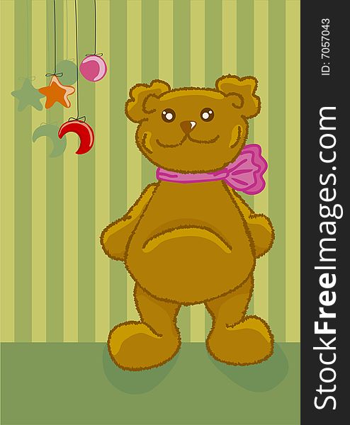 Cute  Teddy Bear with a bow standing near the green wall