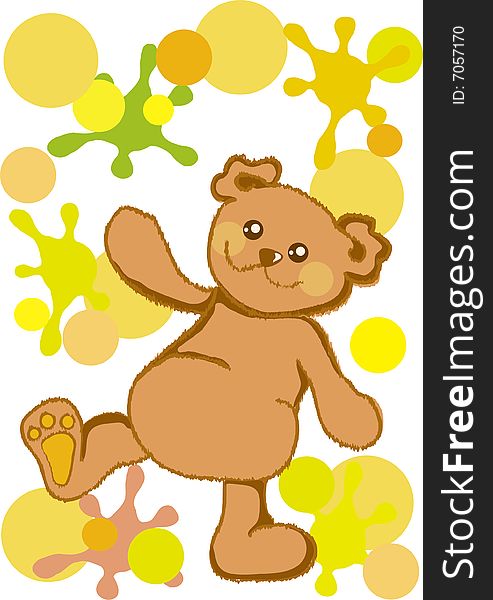Happy Teddy bear on white background with bright blobs