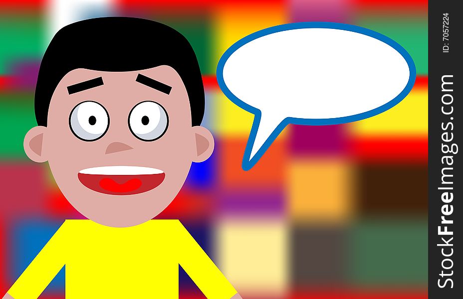 Illustration of boy with dialog box and blur colorful background
