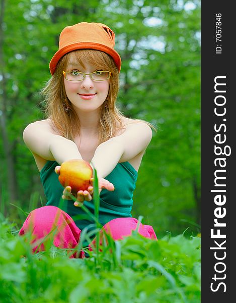 Girl In Bonnet With Apple