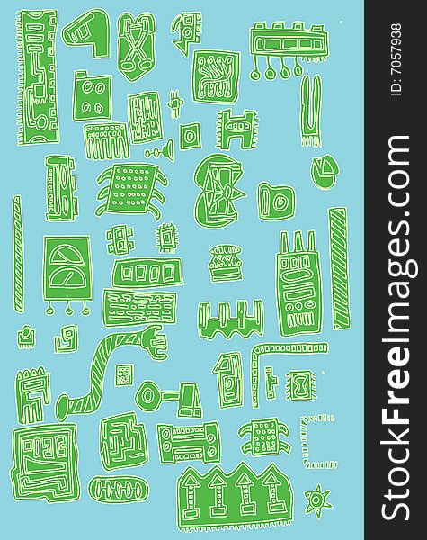 A fully scalable vector illustration of a set of abstract green computer parts. Jpeg & Illustrator AI file formats available.