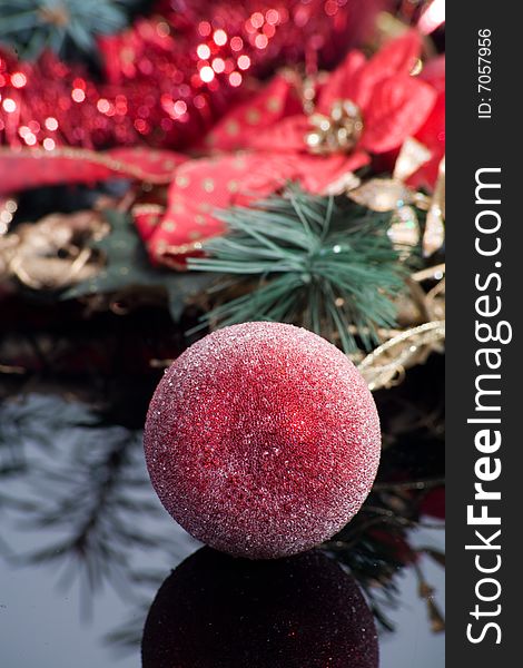 Red ball Christmas decoration on dark background. Red ball Christmas decoration on dark background