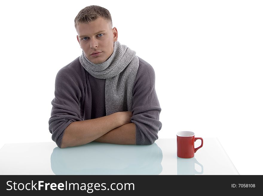 Handsome male with coffee mug against white background